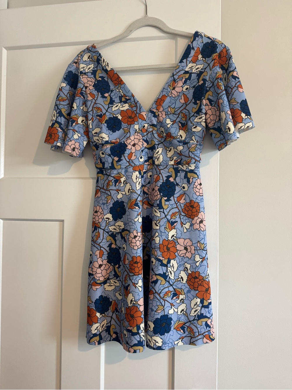 Zara Blue Floral V-Neck Mini Dress with Navy, Orange, Cream, & Blush Accents